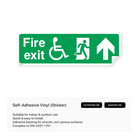 Sign indicating accessible fire exit with up arrow for people with disabilities