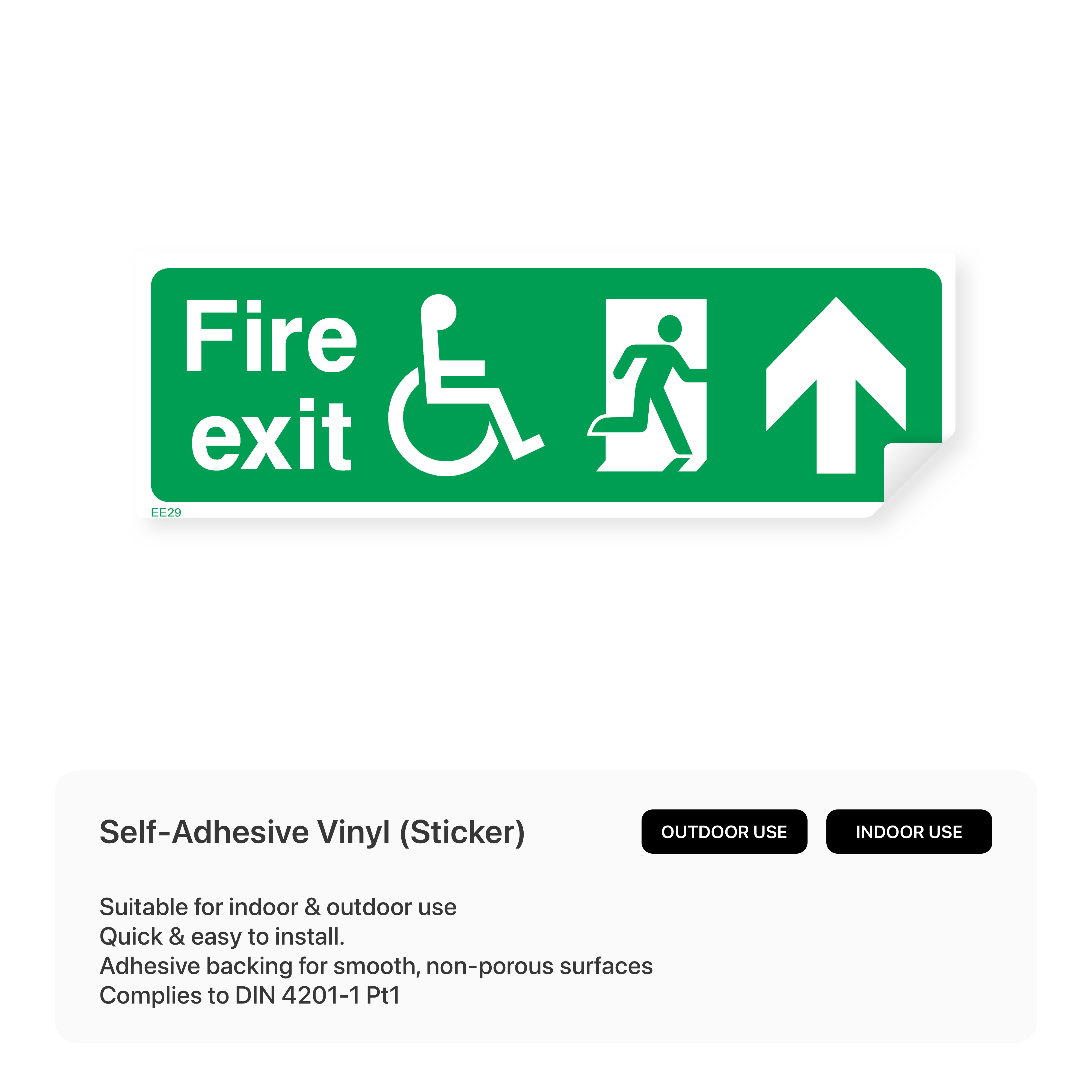 Sign indicating accessible fire exit with up arrow for people with disabilities