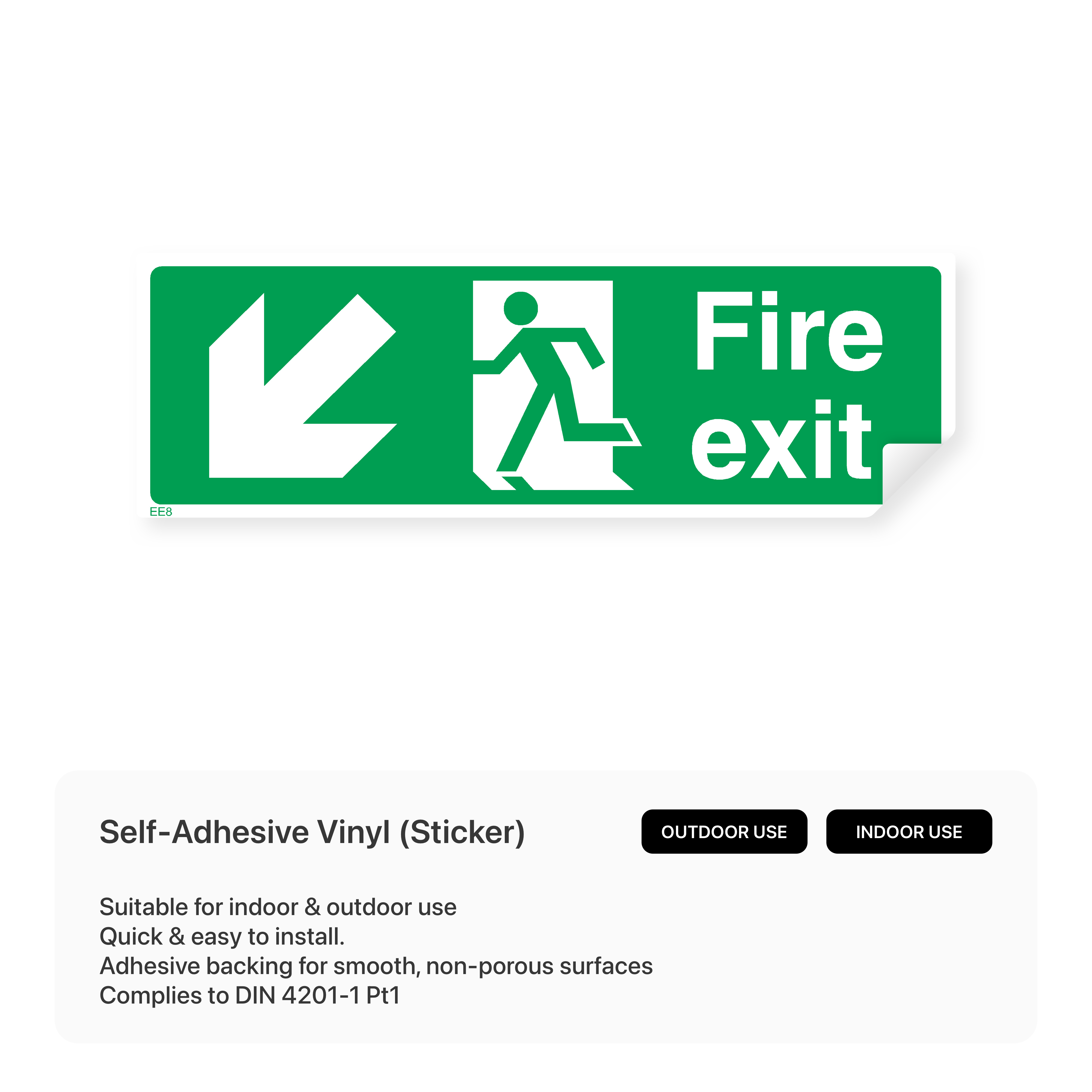 Fire exit sign with left down arrow