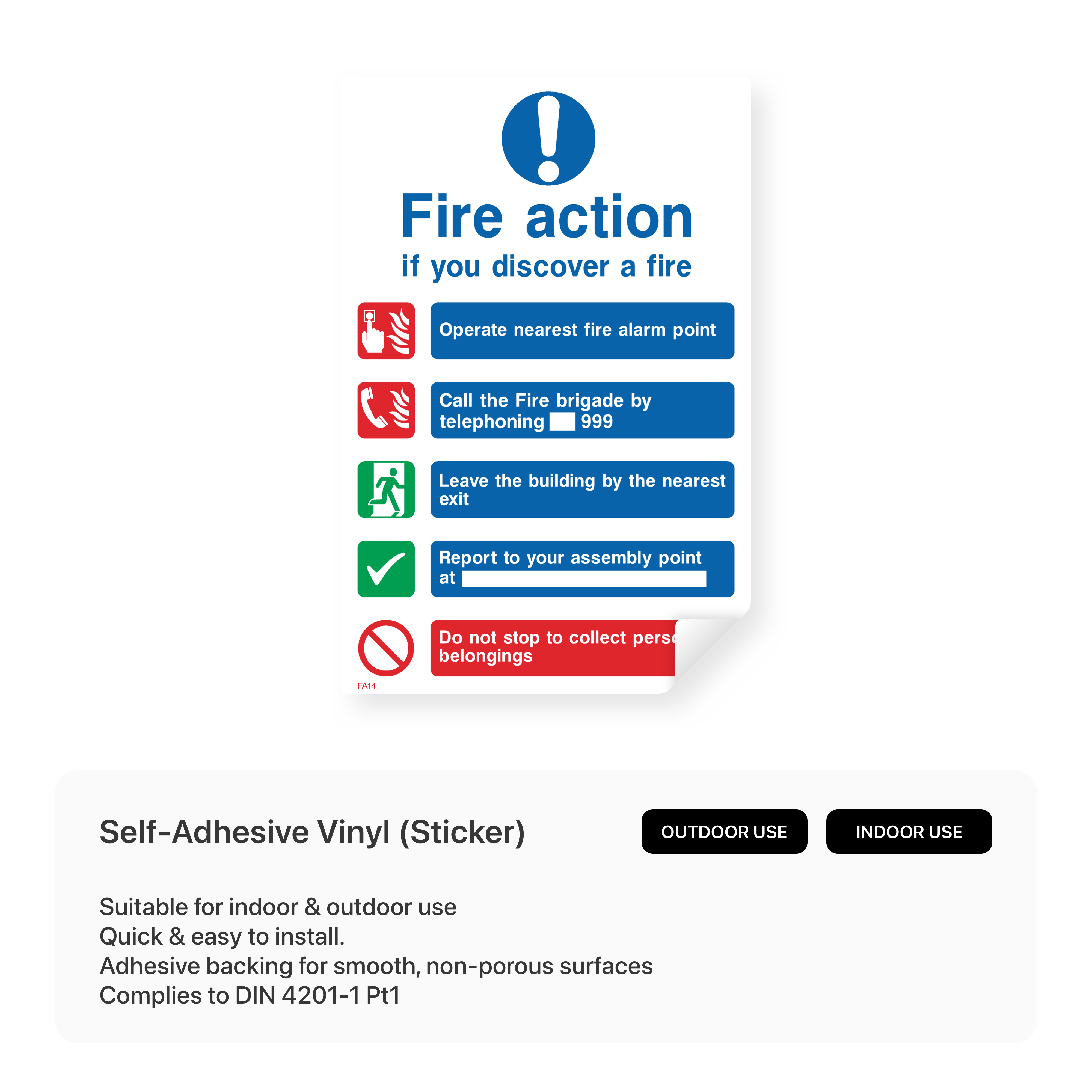 Fire action sign instructing not to collect belongings