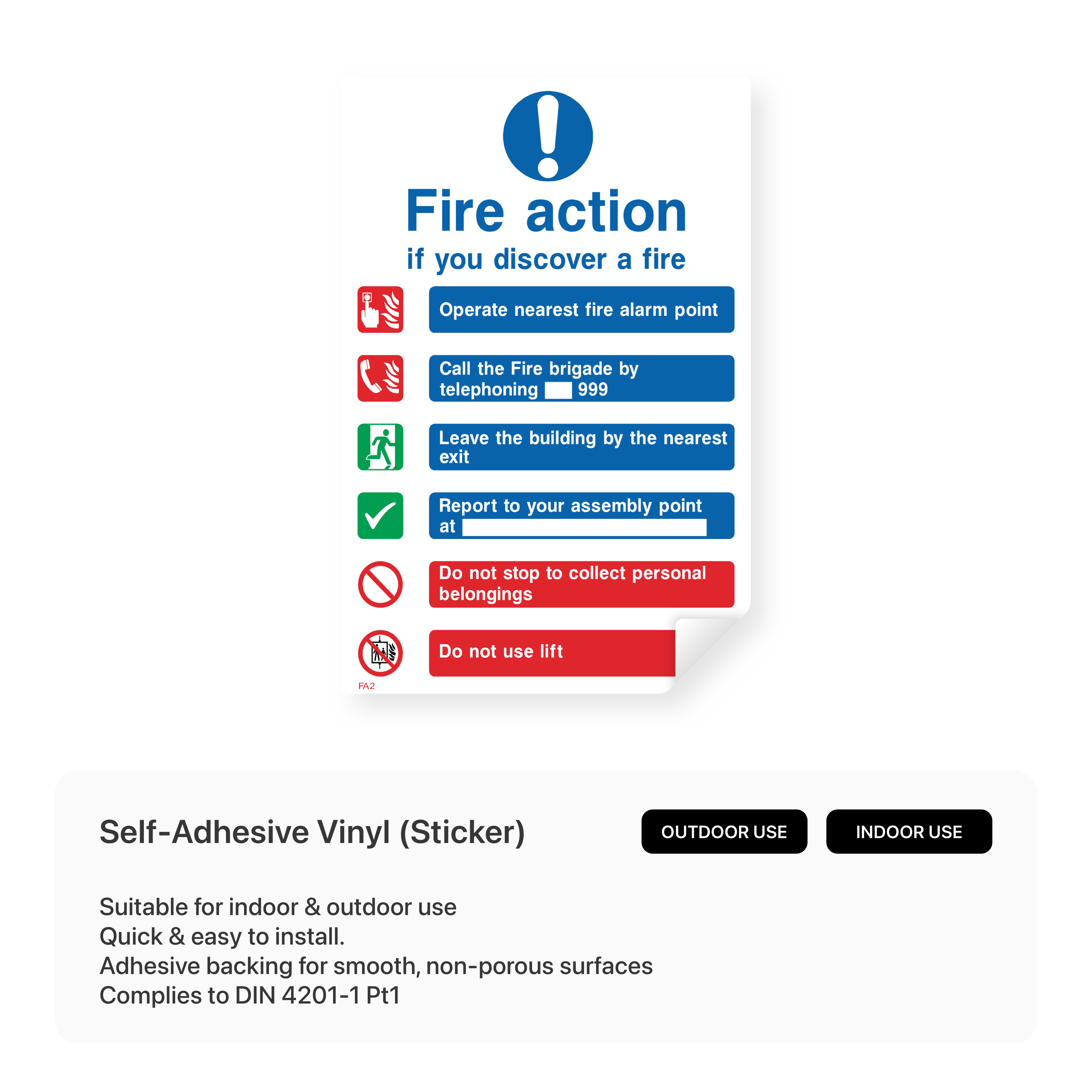 Fire action sign to call the fire brigade