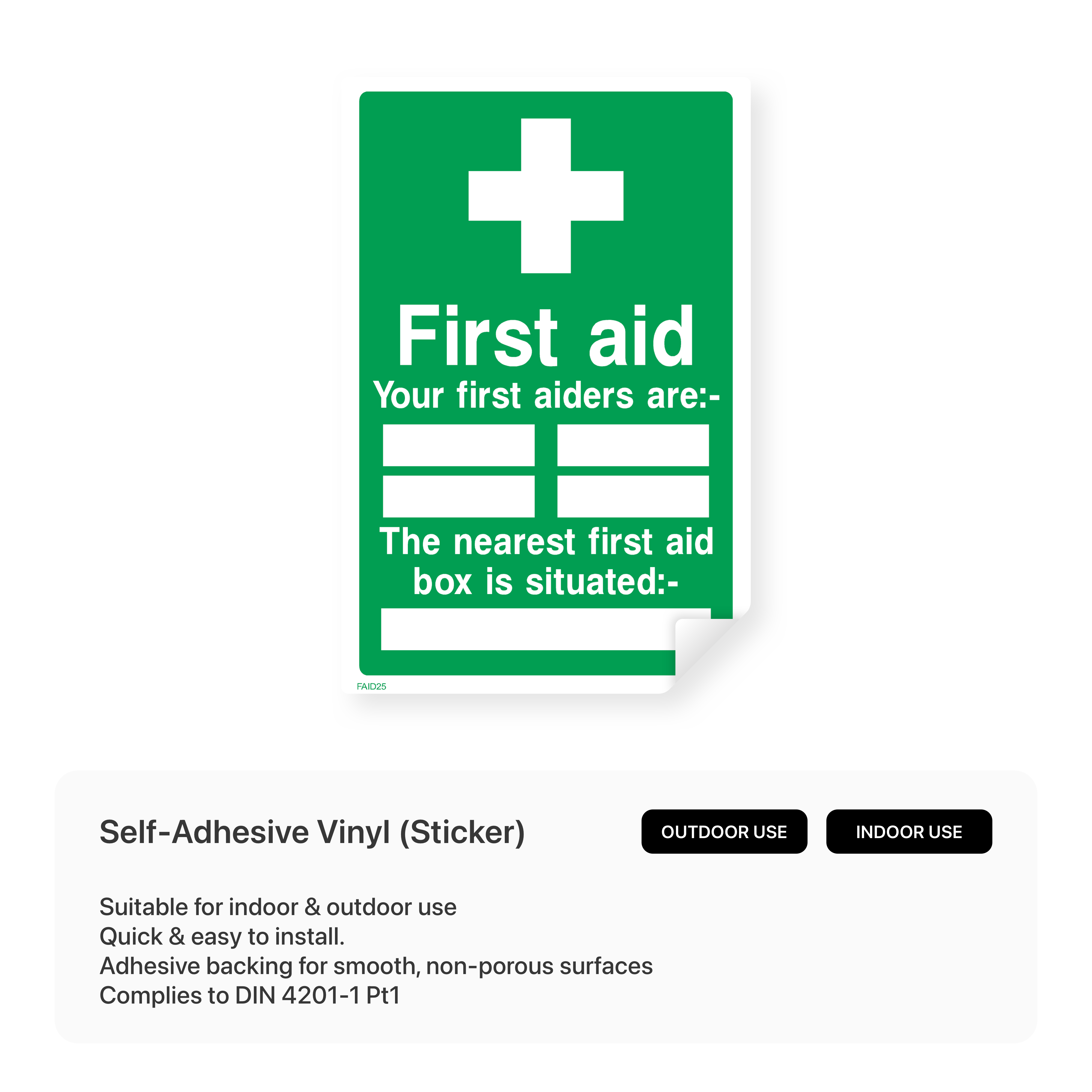 First aid sign with first aiders and first aid box location information