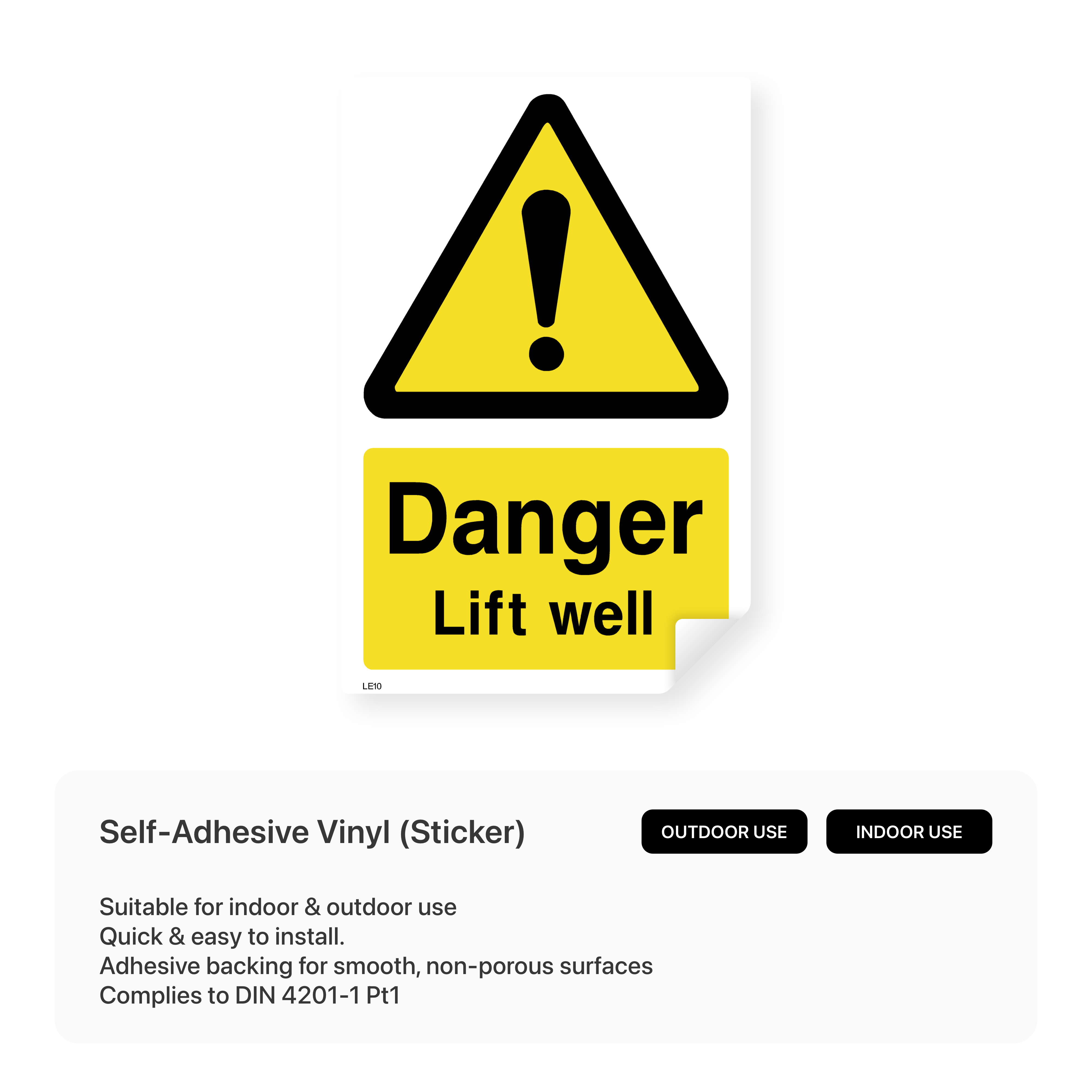 Red and white danger sign with text "Danger - Lift well"