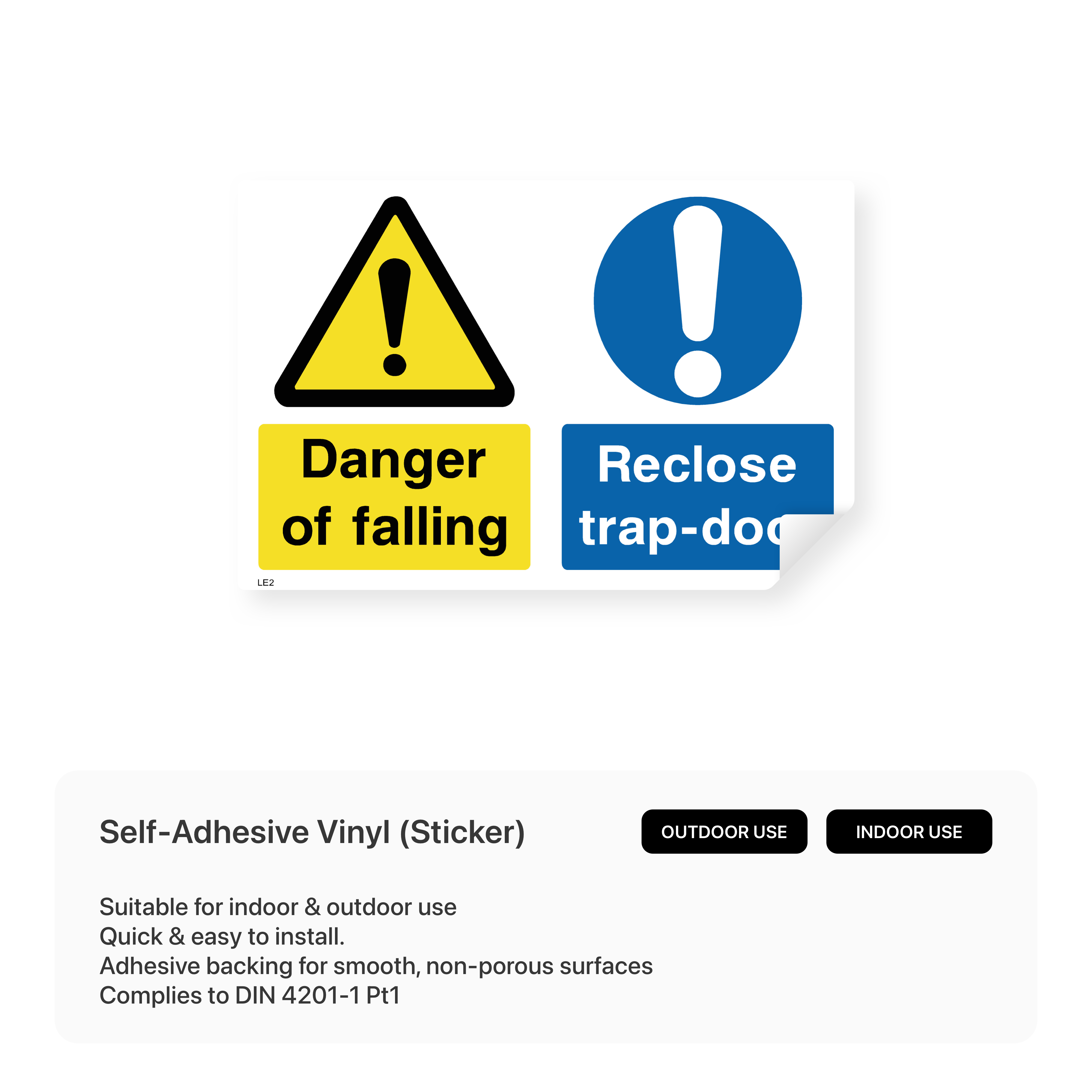 Yellow and black danger sign with text "Danger of falling - Reclose trap-door"