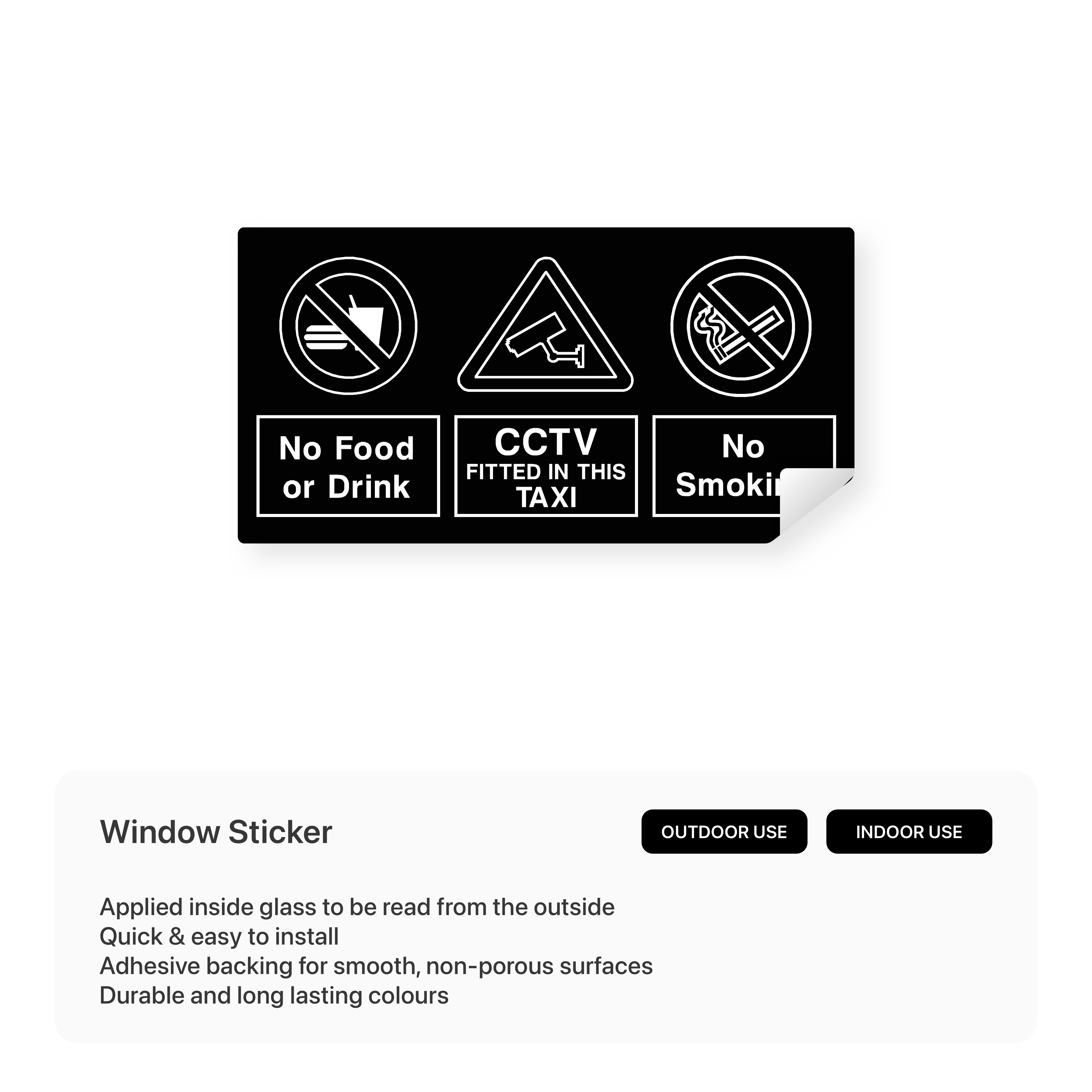 Landscape window sticker with taxi regulations and CCTV notice.