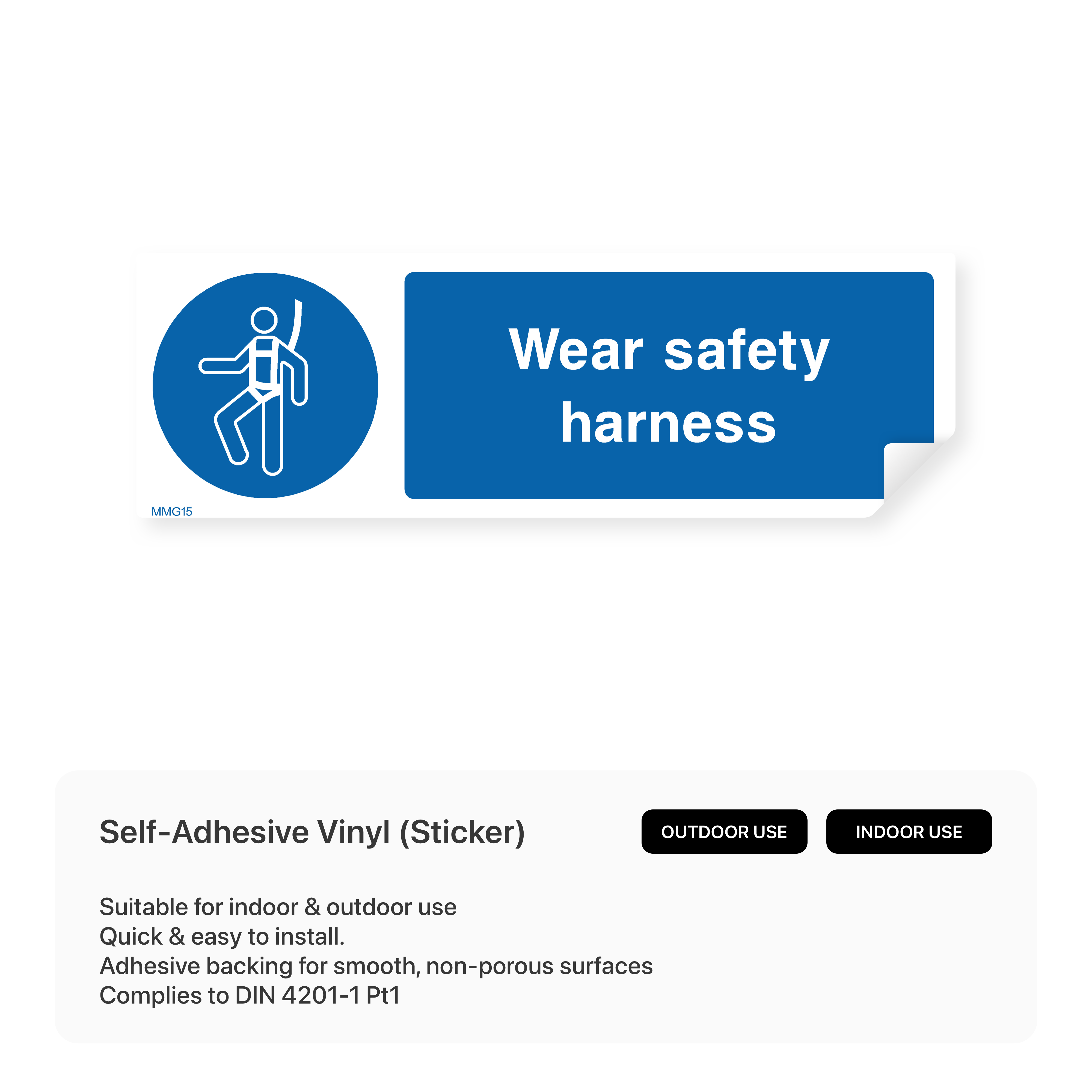 Rectangular sign instructing to wear a safety harness.