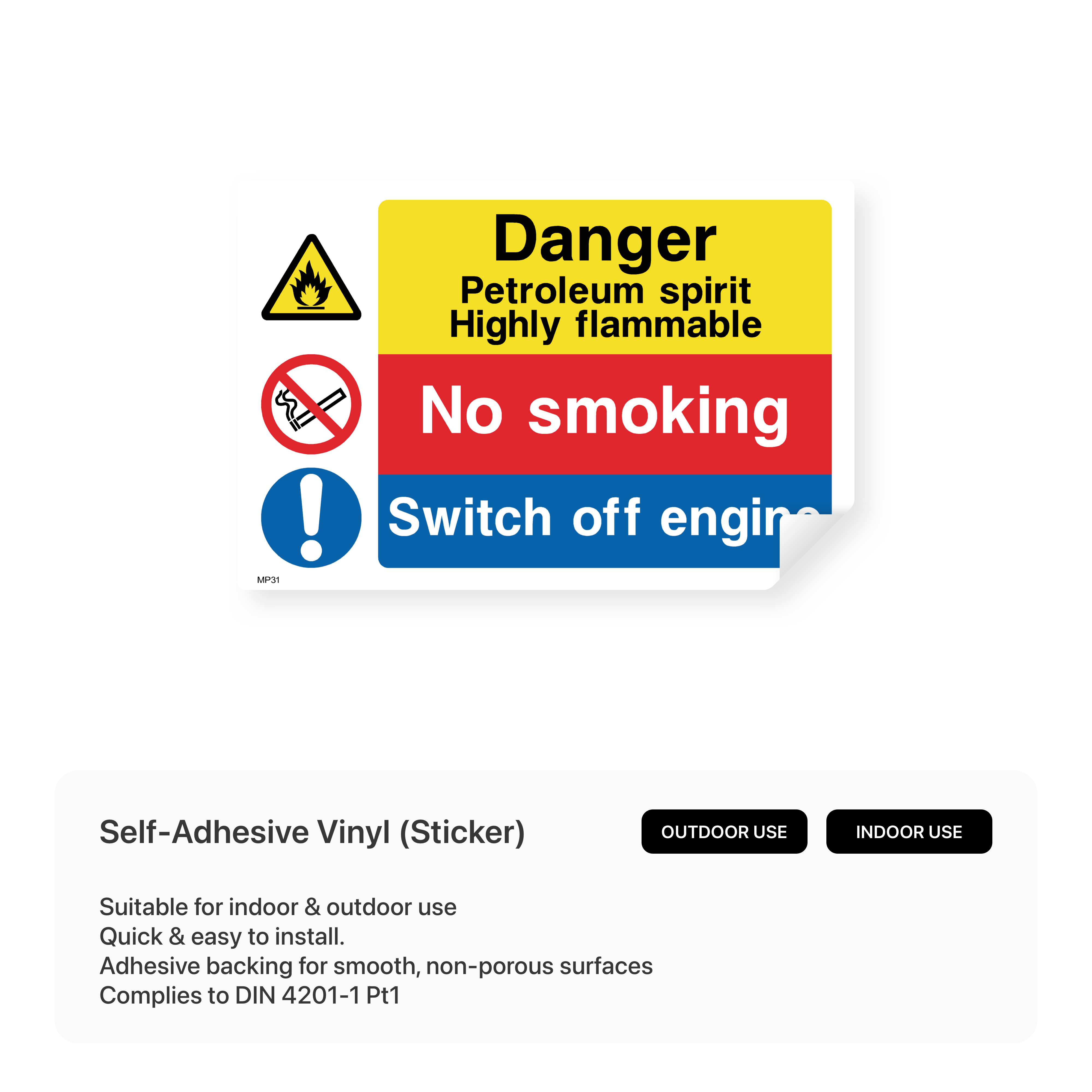 Warning sign for flammable petroleum spirit: no smoking, switch off engine