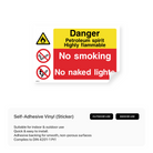 Warning sign for flammable petroleum spirit: no smoking, no naked lights