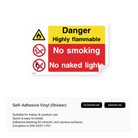 Warning sign for highly flammable materials: no smoking, no naked lights