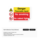 Warning sign for flammable liquids: no smoking, no naked lights