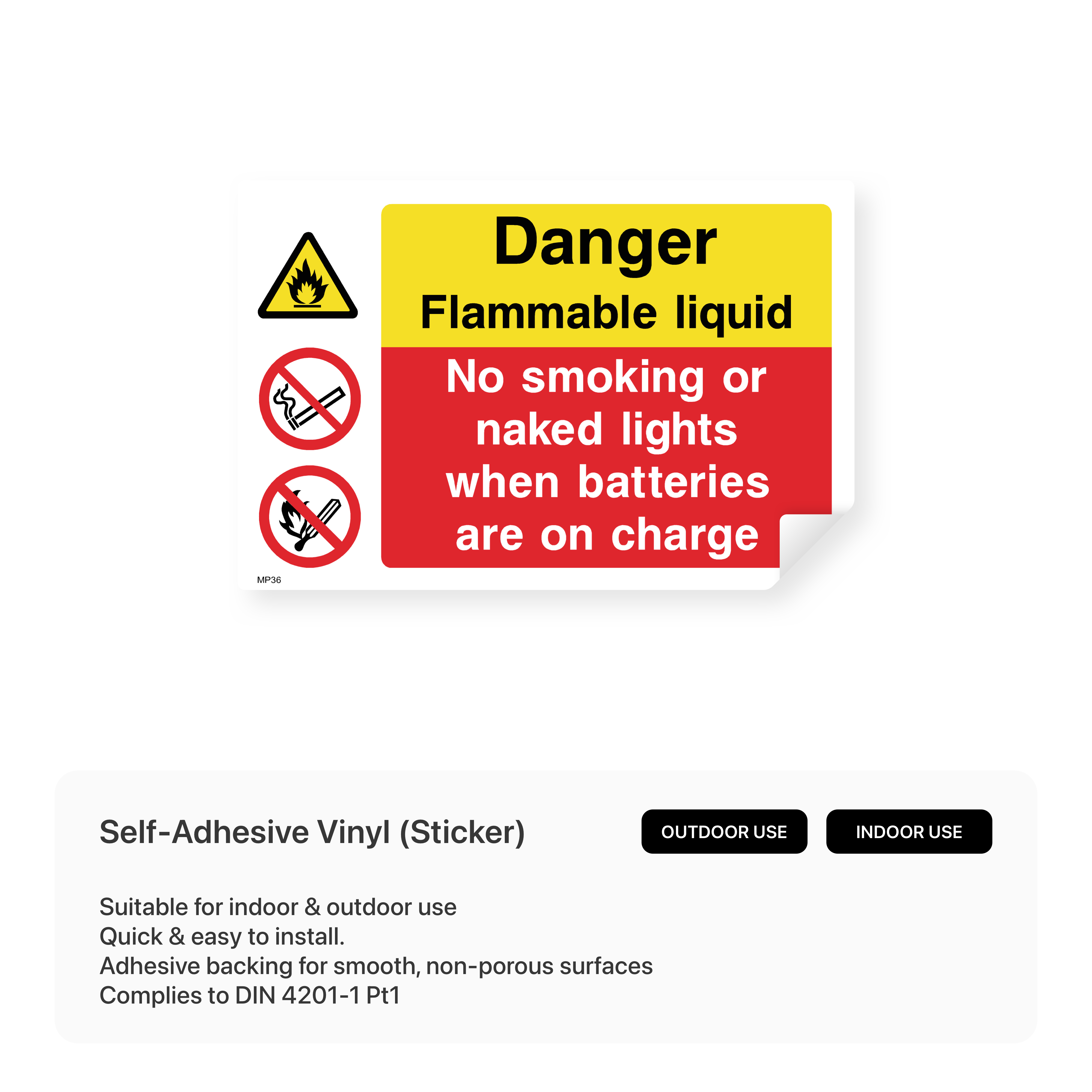 Warning sign for flammable liquids and battery charging: no smoking, no naked lights