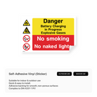 Warning sign for battery charging and explosive gases: no smoking, no naked lights