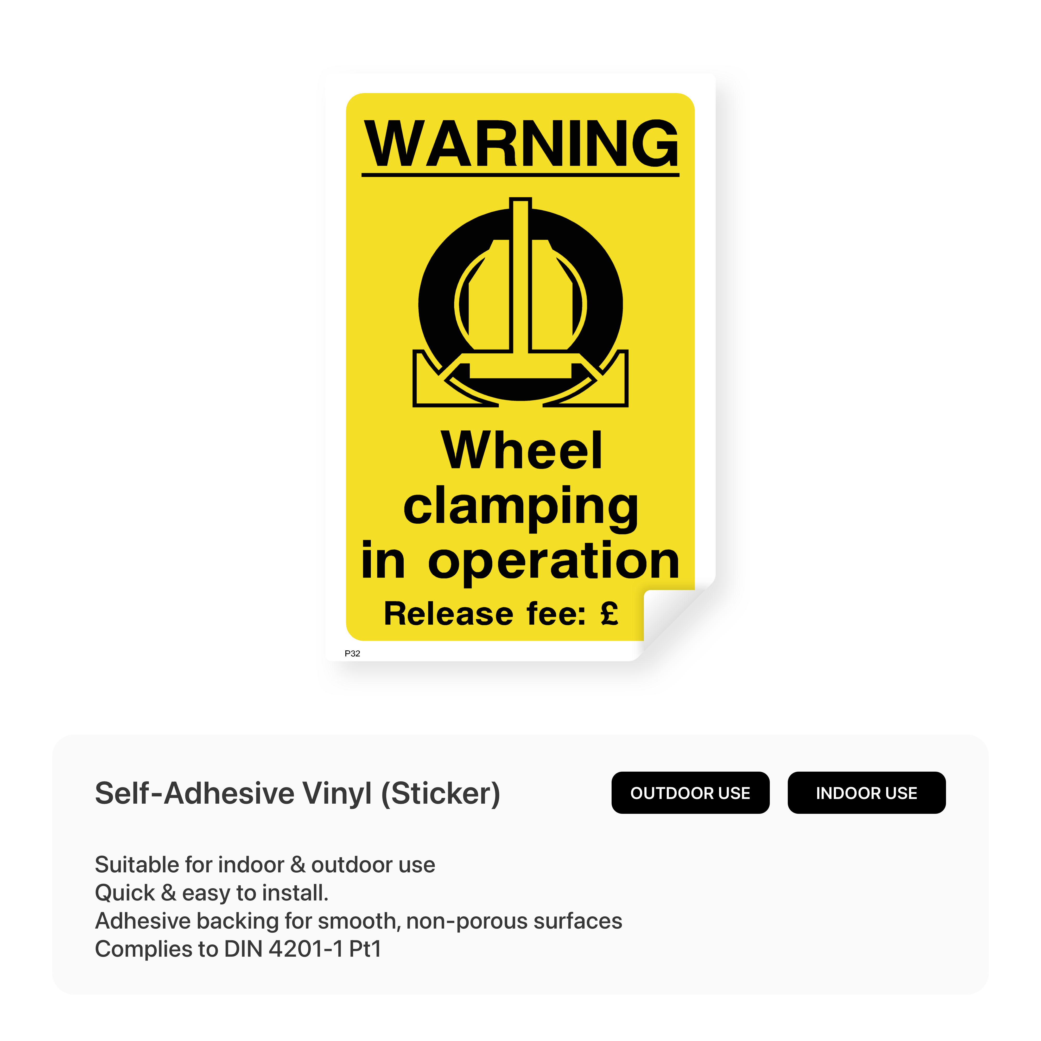 "Warning - wheel clamping in operation - release fee £" portrait sign