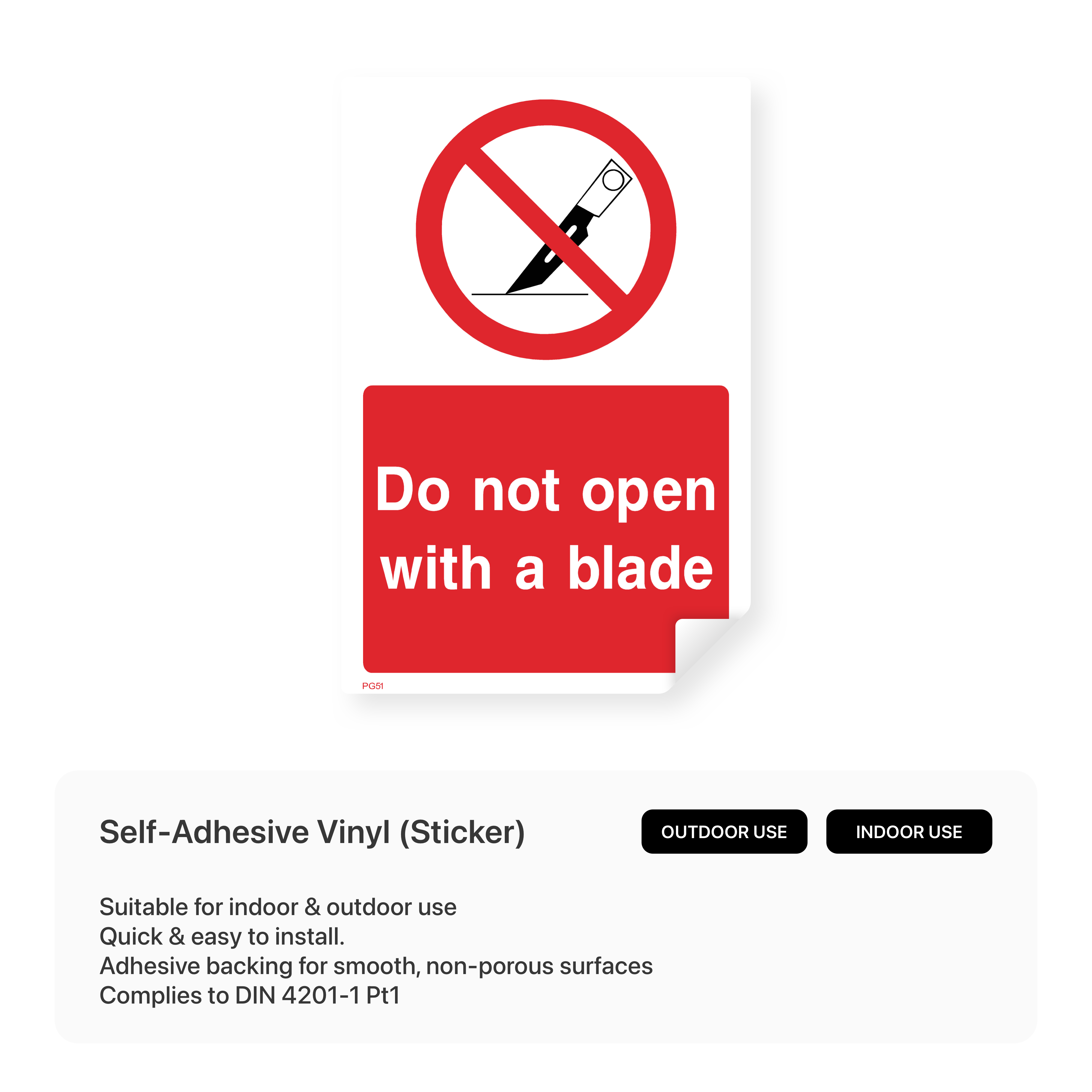 "Do not open with a blade" portrait sign